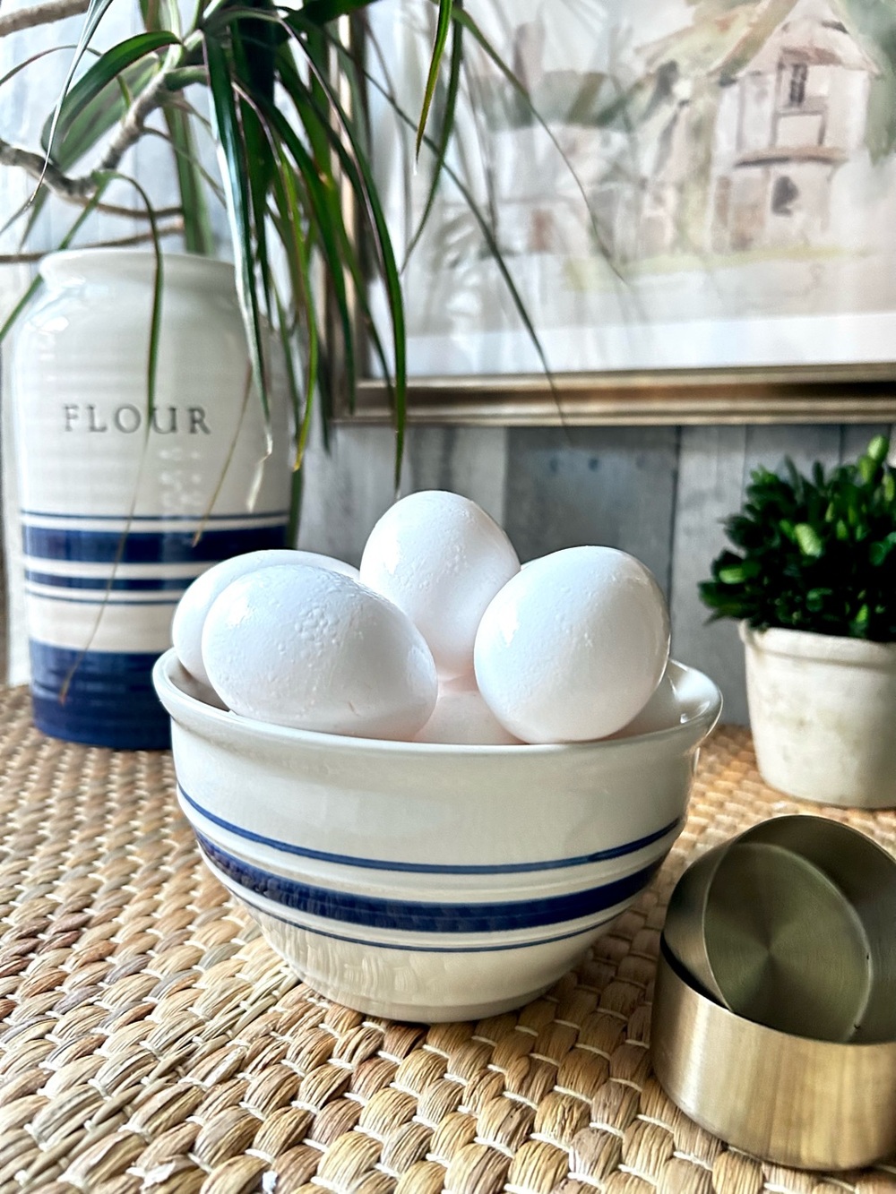 🌴Vintage Farmhouse Country Crock Blue Stripe Stoneware Bowl